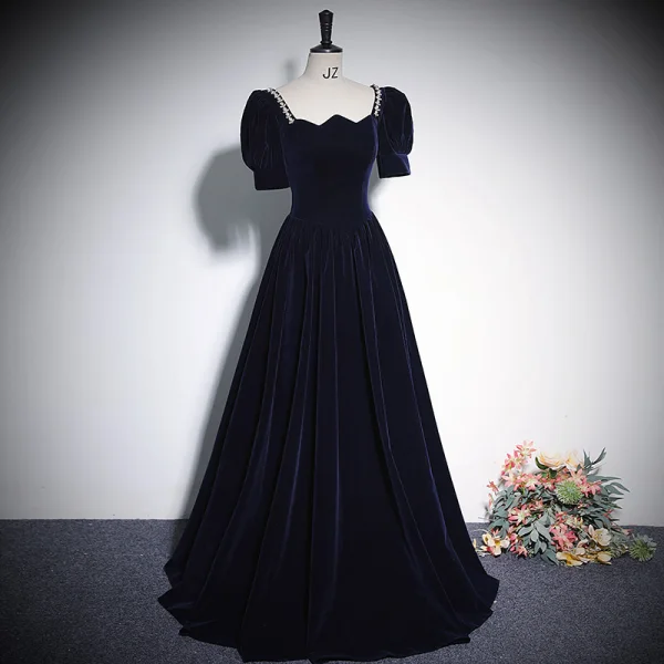 Vintage / Retro Navy Blue Rhinestone Velvet Prom Dresses 2023 A-Line / Princess Square Neckline Short Sleeve Backless Floor-Length / Long Prom Formal Dresses