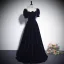 Vintage / Retro Navy Blue Rhinestone Velvet Prom Dresses 2023 A-Line / Princess Square Neckline Short Sleeve Backless Floor-Length / Long Prom Formal Dresses