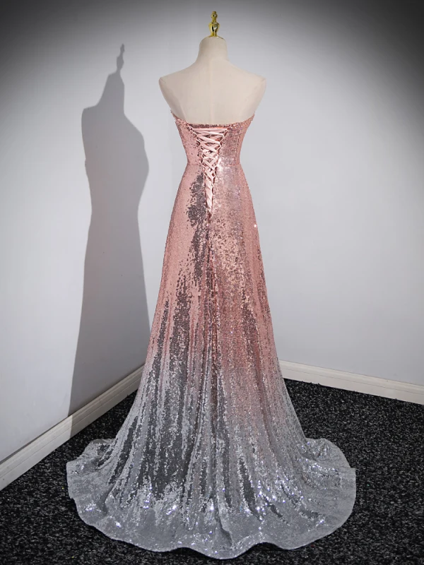 Glitzernden Farbverlauf Rosa Pailletten Abendkleider 2023 A Linie Bandeau Ärmellos Rückenfreies Sweep / Pinsel Zug Abend Festliche Kleider