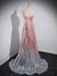 Glitzernden Farbverlauf Rosa Pailletten Abendkleider 2023 A Linie Bandeau Ärmellos Rückenfreies Sweep / Pinsel Zug Abend Festliche Kleider