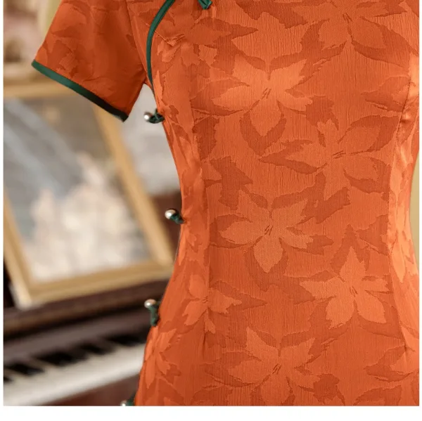 Vintage Chiński Styl Pomarańczowy Druk Długość Herbaty Podział Przodu Cheongsam 2024 Syrena / Rozkloszowane Wysokiej Szyi Kótkie Rękawy