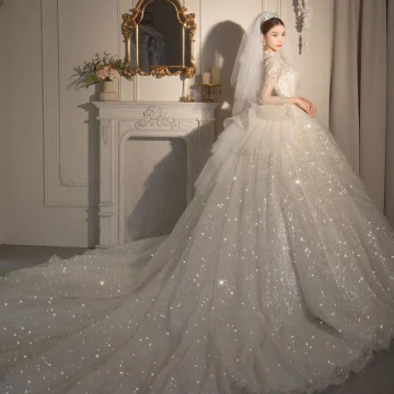 Charmant Blanche Perlage Glitter Paillettes Robe De Mariée 2023 Robe Boule Col Haut Manches Longues Dos Nu Longue Mariage