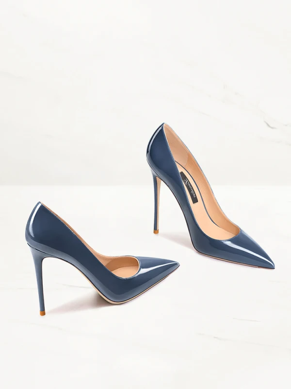 Schöne Marineblau Lackleder Abend Pumps 2023 10 cm Stilettos Spitzschuh Pumps Hochhackige
