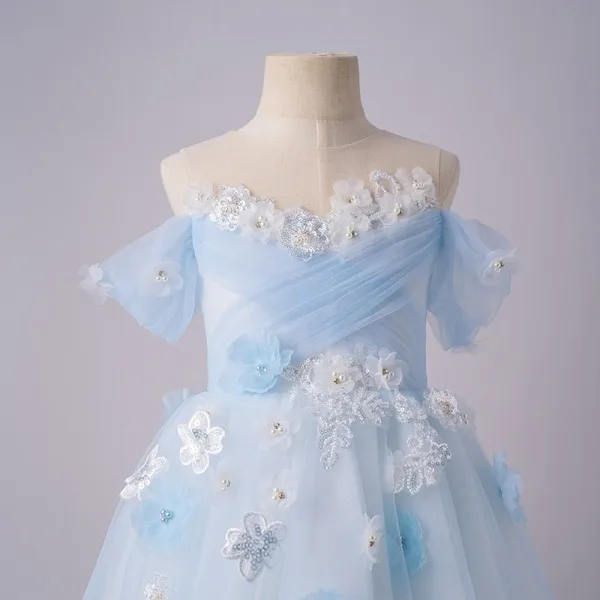Chic / Beautiful Sky Blue Pearl Sequins Appliques Birthday Flower Girl Dresses 2025 A-Line / Princess Scoop Neck Short Sleeve Backless Floor-Length / Long Flower Girl Dresses
