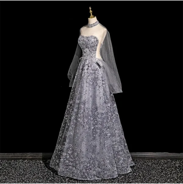 Glamorous Grey Beading Pearl Glitter Sequins Evening Dresses 2025 A-Line / Princess Strapless Sleeveless Backless Floor-Length / Long Evening Party Formal Dresses