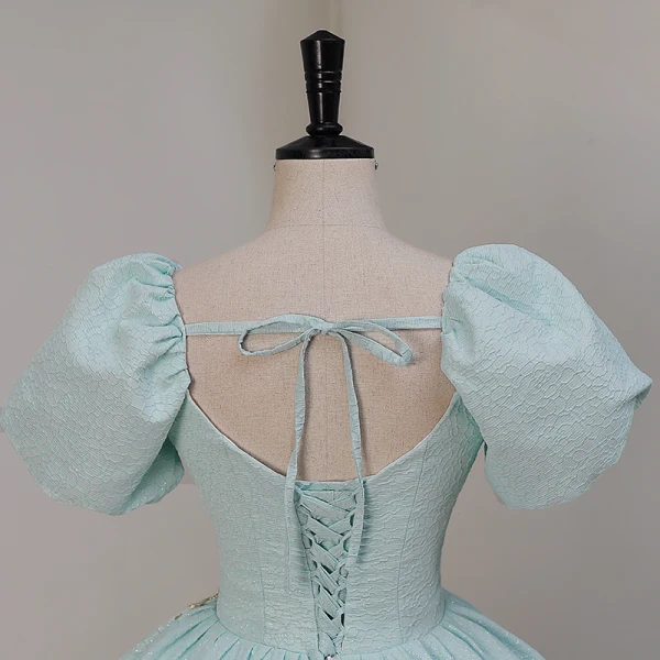 Elegant Mint Green Beading Sequins Prom Dresses 2023 Ball Gown Square Neckline Short Sleeve Backless Floor-Length / Long Prom Formal Dresses
