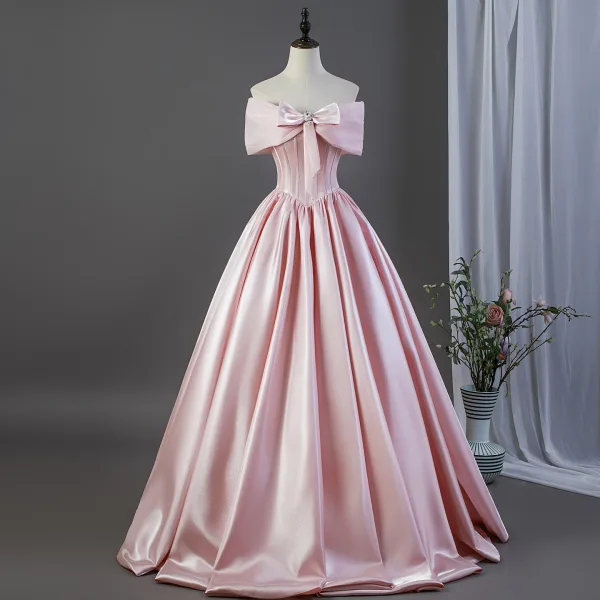 Lovely Blushing Pink Bow Satin Prom Dresses 2026 Ball Gown Off-The-Shoulder Short Sleeve Backless