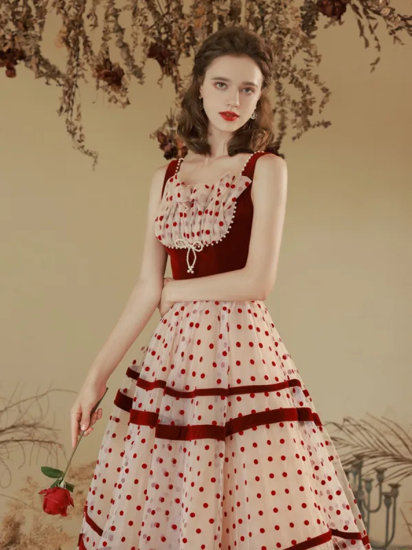 Chic / Beautiful Burgundy Spotted Prom Dresses 2022 A-Line / Princess Square Neckline Sleeveless Bow Pearl Backless Floor-Length / Long Prom Formal Dresses