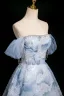 Elegant Sky Blue Beading Sequins Prom Dresses 2025 Ball Gown Off-The-Shoulder Short Sleeve Backless Floor-Length / Long Prom Formal Dresses