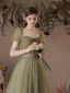 Modest / Simple Clover Green Spotted Prom Dresses 2023 A-Line / Princess Square Neckline Short Sleeve Backless Floor-Length / Long Prom Formal Dresses