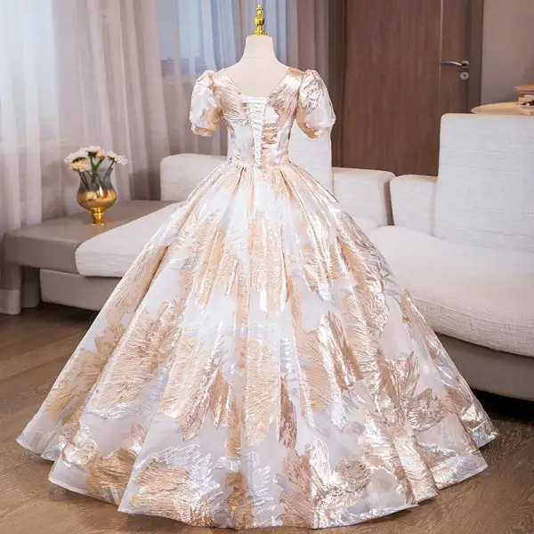Elegant Gold Sequins Rhinestone Prom Dresses 2024 Ball Gown V-Neck Short Sleeve Backless Floor-Length / Long Prom Formal Dresses