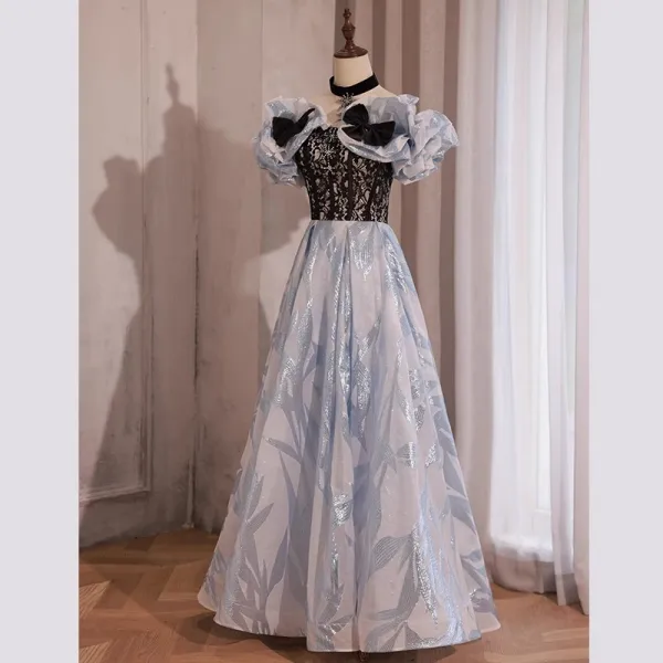 Fashion Sky Blue Glitter Rhinestone Prom Dresses 2023 A-Line / Princess Off-The-Shoulder Bow Short Sleeve Backless Floor-Length / Long Prom Formal Dresses