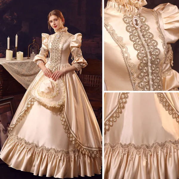 Vintage / Retro Medieval Champagne Prom Dresses 2022 Ball Gown High Neck Puffy 1/2 Sleeves Lace Flower Floor-Length / Long Formal Dresses