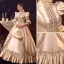 Vintage / Retro Medieval Champagne Prom Dresses 2022 Ball Gown High Neck Puffy 1/2 Sleeves Lace Flower Floor-Length / Long Formal Dresses
