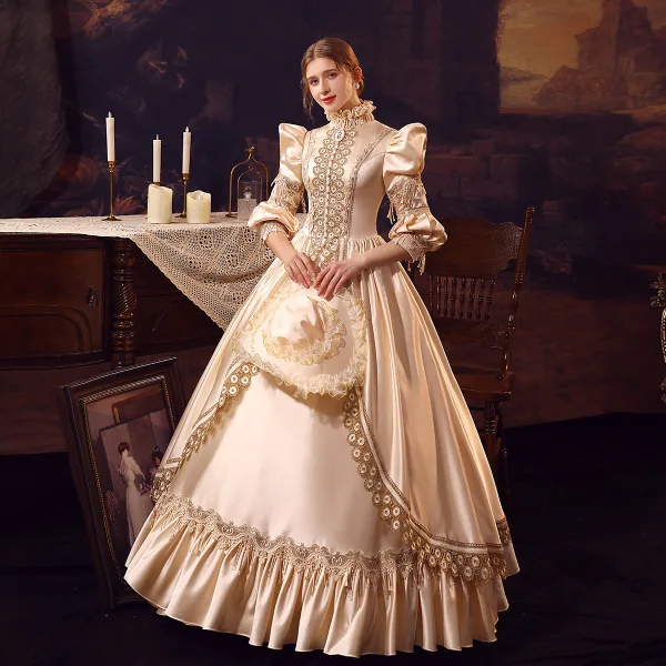 Vintage / Retro Medieval Champagne Prom Dresses 2022 Ball Gown High Neck Puffy 1/2 Sleeves Lace Flower Floor-Length / Long Formal Dresses