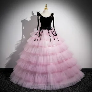 Mote Rødmende Rosa Appliques Gripende Ruffles Ballkjoler Ballkjole 2024 Spaghettistropper Sløyfe Uten Ermer Lange Ball Formelle Kjoler