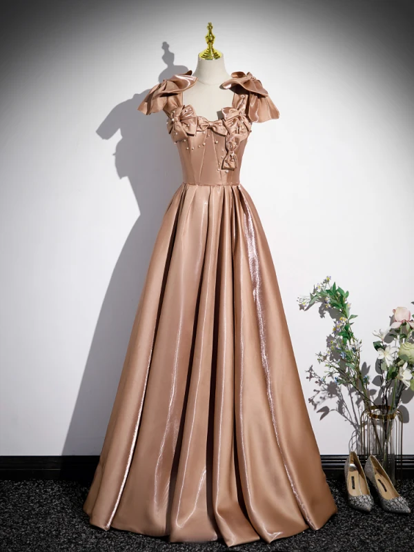 Chic / Beautiful Champagne Bow Pearl Prom Dresses 2023 A-Line / Princess Strapless Sleeveless Backless Floor-Length / Long Prom Formal Dresses