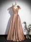 Chic / Beautiful Champagne Bow Pearl Prom Dresses 2023 A-Line / Princess Strapless Sleeveless Backless Floor-Length / Long Prom Formal Dresses