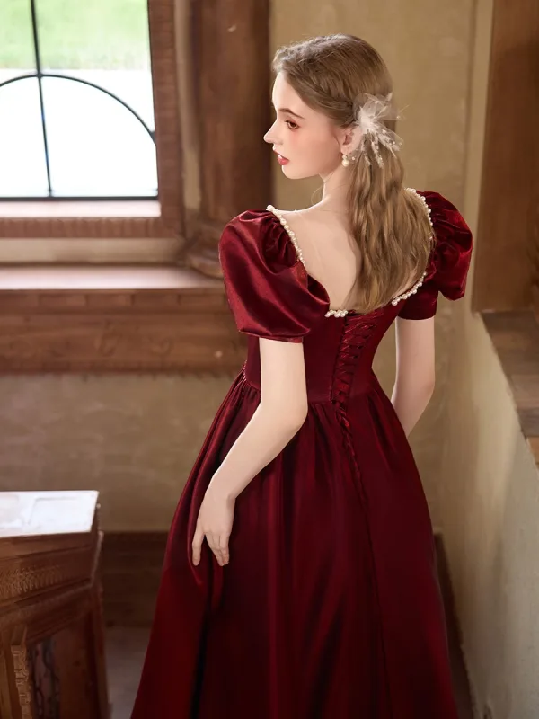 Chic / Beautiful Burgundy Pearl Prom Dresses 2025 A-Line / Princess Square Neckline Puffy Short Sleeve Backless Floor-Length / Long Formal Dresses