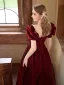 Chic / Beautiful Burgundy Pearl Prom Dresses 2025 A-Line / Princess Square Neckline Puffy Short Sleeve Backless Floor-Length / Long Formal Dresses