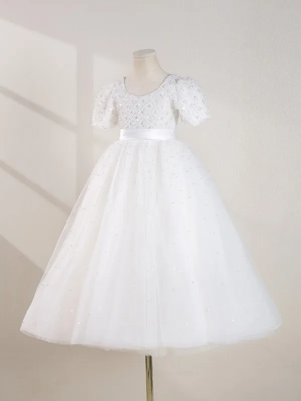 Elegant White Beading Pearl Sequins Flower Girl Dresses 2024 Ball Gown Scoop Neck Puffy Short Sleeve Backless Floor-Length / Long Wedding