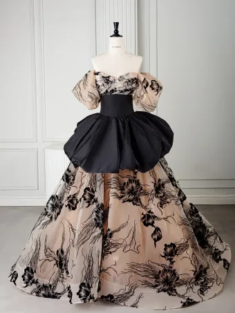Fashion Champagne Embroidered Prom Dresses 2026 Ball Gown Off The Shoulder Short Sleeve Backless Sweep Train Formal Dresses