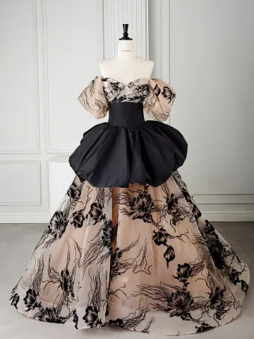Mode Champagne Brodé Robe De Bal 2026 Robe Boule De L Épaule Manches Courtes Dos Nu Train De Balayage Robe De Ceremonie