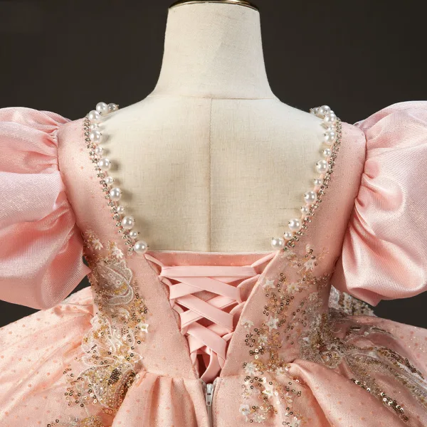 Charmant Haut de Gamme Rougissant Rose Anniversaire Robe Ceremonie Fille 2022 Robe Boule Encolure Dégagée Gonflée Dos Nu Manches Courtes Perlage Perle Faux Diamant Paillettes Longue Robe Ceremonie Fille