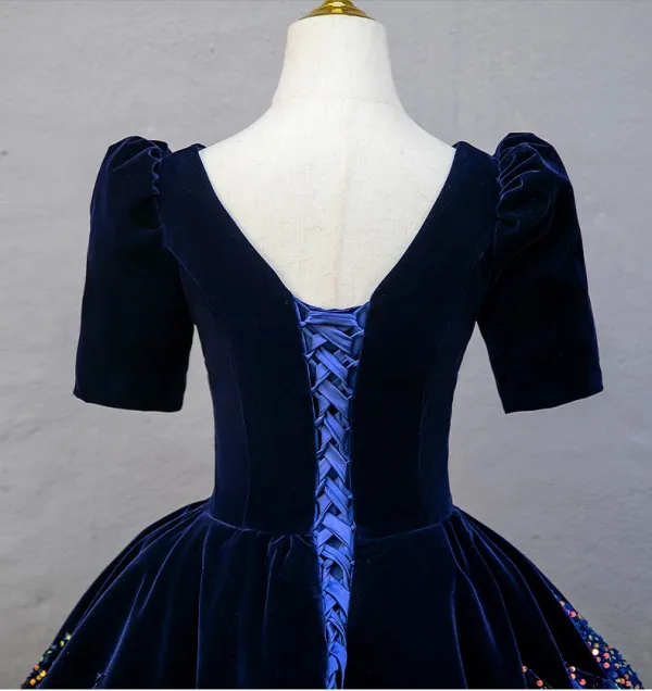 Elegant Navy Blue Sequins Prom Dresses 2025 Ball Gown V-Neck Short Sleeve Backless Floor-Length / Long Prom Formal Dresses