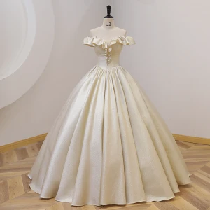 Élégant Champagne Glitter Robe De Bal 2022 Robe Boule De L Épaule Manches Courtes Dos Nu Longue Promo Robe De Ceremonie