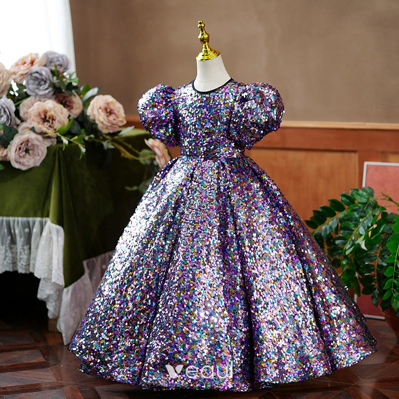 Princess Gown For Girls Sparkly Multi Colors Sequins Purple Birthday Flower  Girl Dresses 2023 Ball Gown