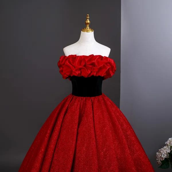 Vintage / Retro Red Prom Dresses 2025 Ball Gown Ruffle Strapless Sleeveless Backless Floor-Length / Long Formal Dresses