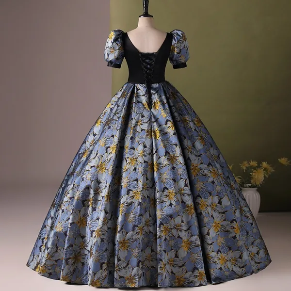 Vintage / Retro Ocean Blue Printing Prom Dresses 2024 Ball Gown Square Neckline Short Sleeve Backless Floor-Length / Long Prom Formal Dresses