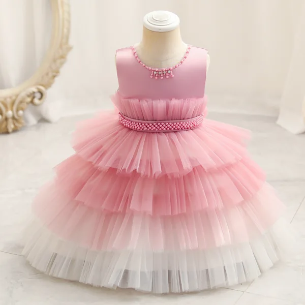 Chic / Beautiful Sky Blue Cascading Ruffles Birthday Flower Girl Dresses 2023 Ball Gown Scoop Neck Sleeveless Pearl Sash Floor-Length / Long Flower Girl Dresses