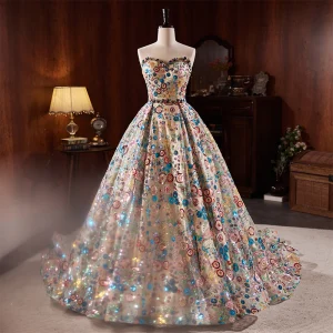 Haut De Gamme Fantaisie Multi Couleurs Fait Main Perlage Perle Faux Diamant Paillettes Robe De Soirée 2023 Princesse Bustier Sans Manches Dos Nu Tribunal Train Soirée Robe De Ceremonie