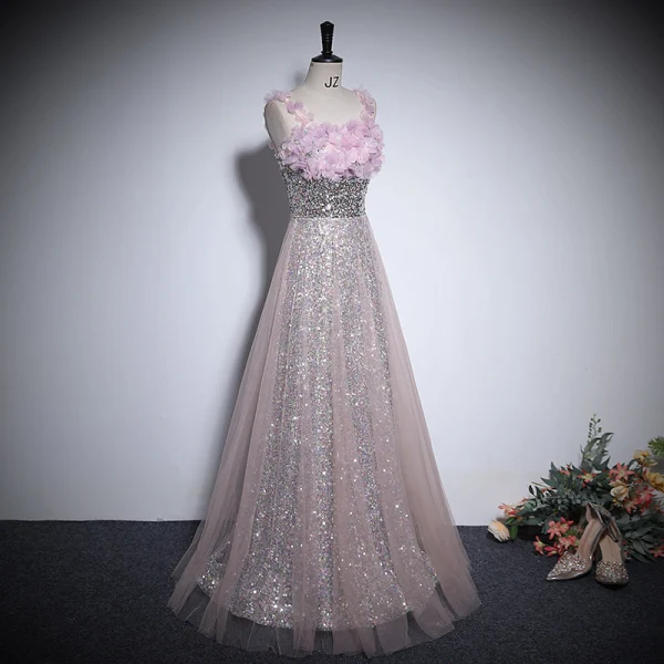 Bling Bling Blushing Pink Pearl Sequins Appliques Prom Dresses 2024 A-Line / Princess Spaghetti Straps Sleeveless Backless Floor-Length / Long Prom Formal Dresses