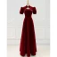 Chinese style Burgundy Suede Pearl Prom Dresses 2022 A-Line / Princess High Neck Short Sleeve Backless Floor-Length / Long Prom Formal Dresses