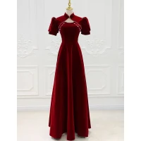 Estilo Chino Borgoña Suede Perla Vestidos de gala 2022 A-Line / Princess Cuello Alto Manga Corta Sin Espalda Largos Gala Vestidos Formales