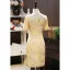 Chinese style Yellow Printing Prom Cheongsam 2025 Trumpet / Mermaid Silk High Neck Short Sleeve Tea-length