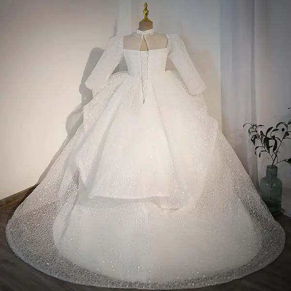 Charming White Beading Pearl Sequins Wedding Flower Girl Dresses 2022 Ball Gown High Neck Short Sleeve Court Train Flower Girl Dresses