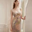 Scintillantes Sexy Champagne Paillettes Robe De Soirée 2022 Trompette / Sirène Encolure Carrée Sans Manches Dos Nu Noeud Tribunal Train Soirée Robe De Ceremonie