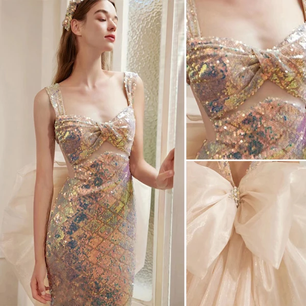 Scintillantes Sexy Champagne Paillettes Robe De Soirée 2022 Trompette / Sirène Encolure Carrée Sans Manches Dos Nu Noeud Tribunal Train Soirée Robe De Ceremonie