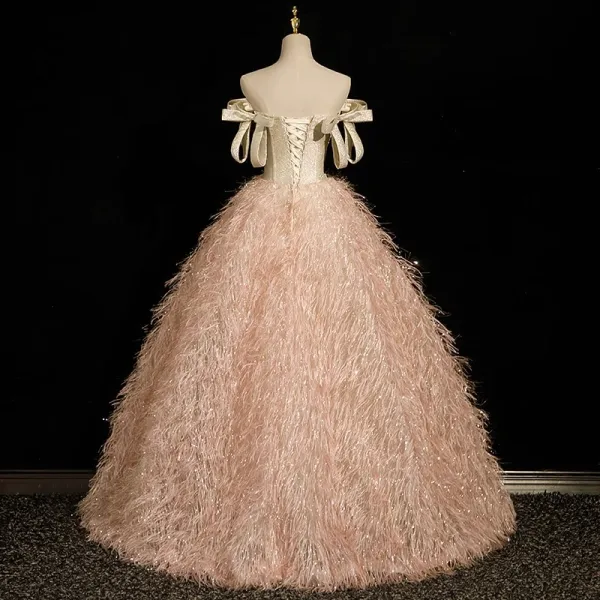 Charmant Champagne Paillettes Gland Robe De Bal 2023 Robe Boule De l'épaule Sans Manches Dos Nu Noeud Longue Promo Robe De Ceremonie