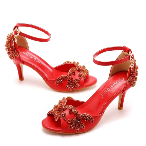 Charmant Schwarz Abend Strass Sandalen Damen 2023 Knöchelriemen 7 cm Stilettos Spitzschuh Sandaletten Hochhackige