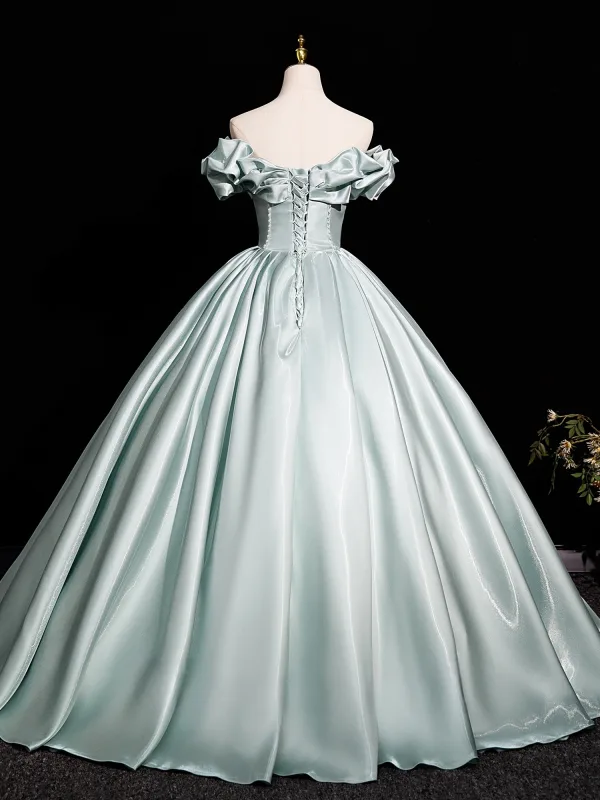 Elegant Mint Green Satin Prom Dresses 2025 Ball Gown Off-The-Shoulder Short Sleeve Backless Floor-Length / Long Prom Formal Dresses