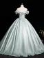 Elegant Mint Green Satin Prom Dresses 2025 Ball Gown Off-The-Shoulder Short Sleeve Backless Floor-Length / Long Prom Formal Dresses
