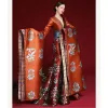 Amazing / Unique Chinese style Burgundy Printing Prom Dresses 2022 Trumpet / Mermaid Satin V-Neck Long Sleeve Backless Court Train Formal Dresses