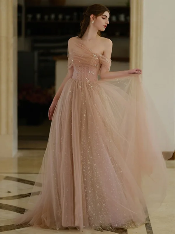 Chic / Beautiful Champagne Sequins Prom Dresses 2025 A-Line / Princess One-Shoulder Short Sleeve Backless Sweep Train Formal Dresses