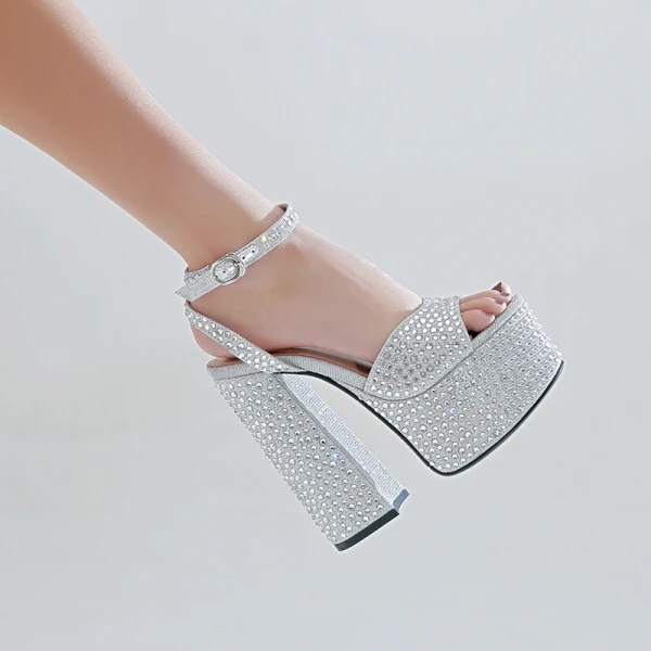 Sexy Argenté Cocktail Soirée Faux Diamant Sandales Femme 2023 Cuir Bride Cheville 15 cm Talons Épais Peep Toes / Bout Ouvert Sandales Talons Hauts