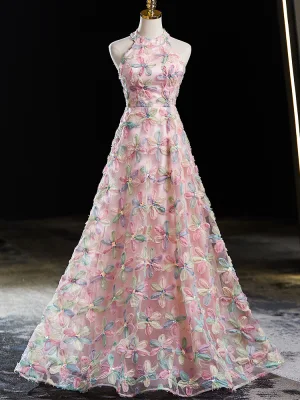 Fée Des Fleurs Multi Couleurs Fleur Robe De Bal 2024 Princesse Col Haut Sans Manches Dos Nu Longue Promo Robe De Ceremonie